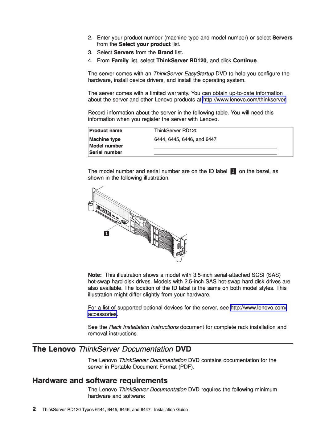 Lenovo 6447, 6446, 6445, 6444 manual Hardware and software requirements, The Lenovo ThinkServer Documentation DVD 