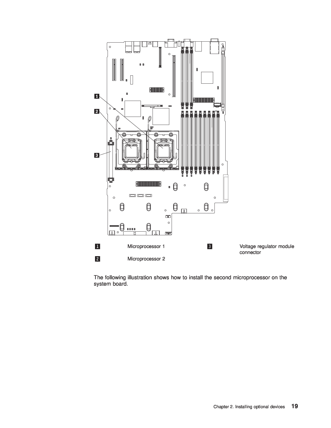 Lenovo 6446, 6447, 6445, 6444 manual Microprocessor, connector, Voltage regulator module, Installing optional devices 