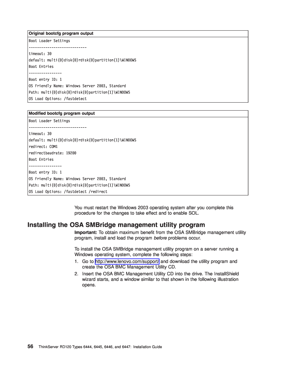 Lenovo 6445, 6447, 6446, 6444 manual Installing the OSA SMBridge management utility program 