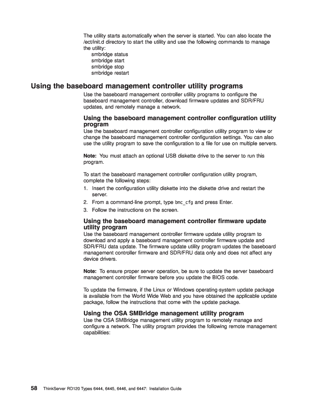Lenovo 6447, 6446, 6445, 6444 manual Using the baseboard management controller utility programs 