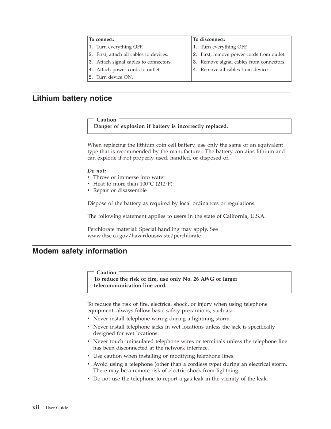 Lenovo 9389, 6490, 9635, 9637, 9277, 9269, 9631, 9283 Lithium battery notice, Modem safety information, To connect To disconnect 