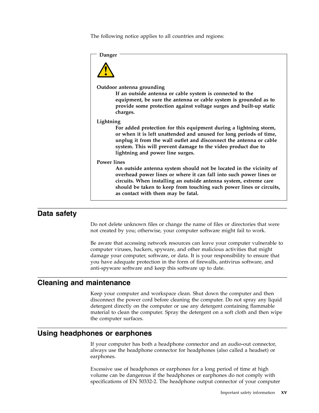 Lenovo 8995, 6490, 9635, 9637, 9277, 9269, 9631, 9283, 9287 Data safety, Cleaning and maintenance, Using headphones or earphones 