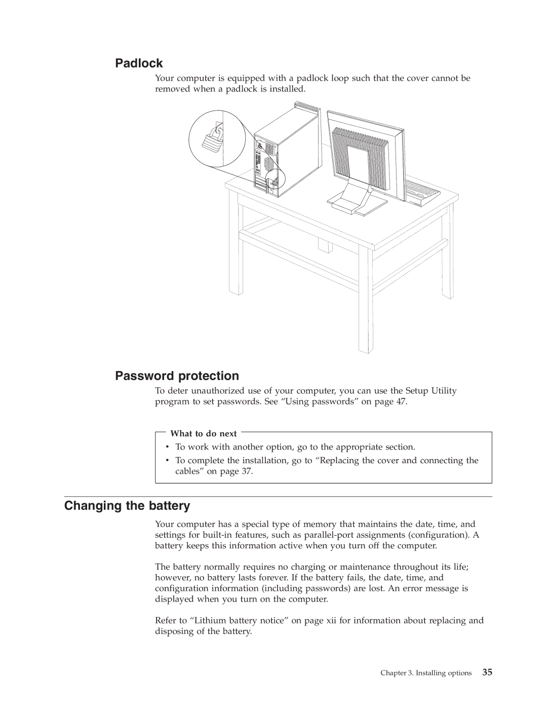 Lenovo 8700, 6490, 9635, 9637, 9277, 9269, 9631, 9283, 9287, 9265, 9383, 9379 Padlock, Password protection, Changing the battery 