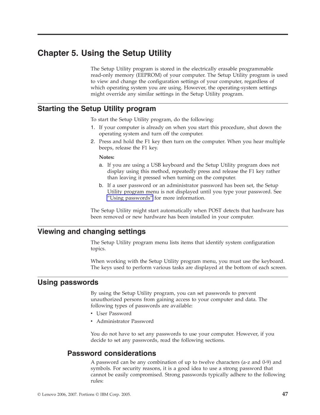 Lenovo 9648 Using the Setup Utility, Starting the Setup Utility program, Viewing and changing settings, Using passwords 