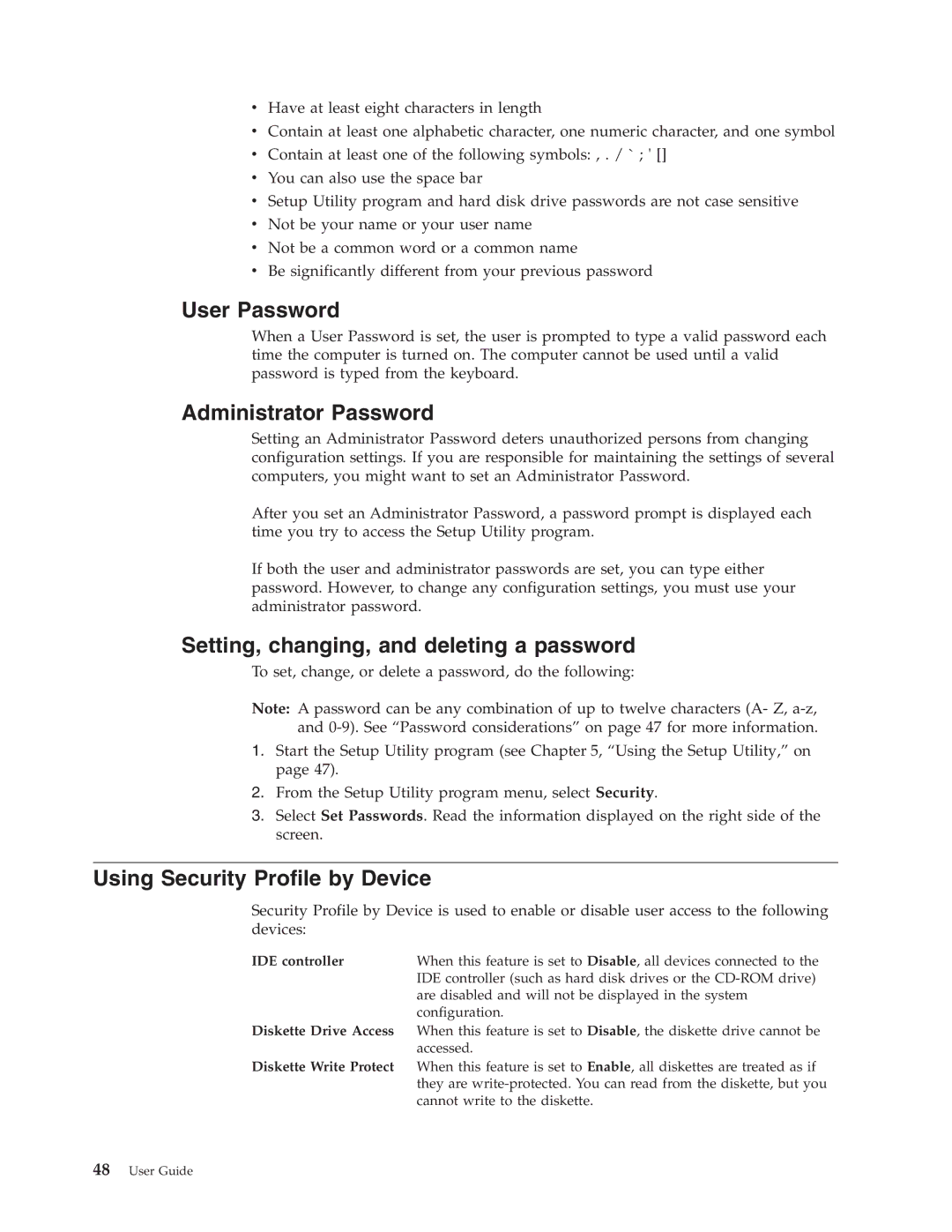 Lenovo 9387, 6490, 9635, 9637, 9277, 9269 User Password, Administrator Password, Setting, changing, and deleting a password 