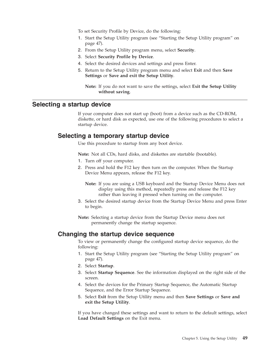 Lenovo 9279, 6490 Selecting a startup device, Selecting a temporary startup device, Changing the startup device sequence 