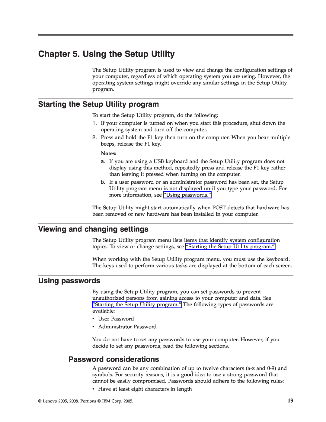 Lenovo 6439 Using the Setup Utility, Starting the Setup Utility program, Viewing and changing settings, Using passwords 