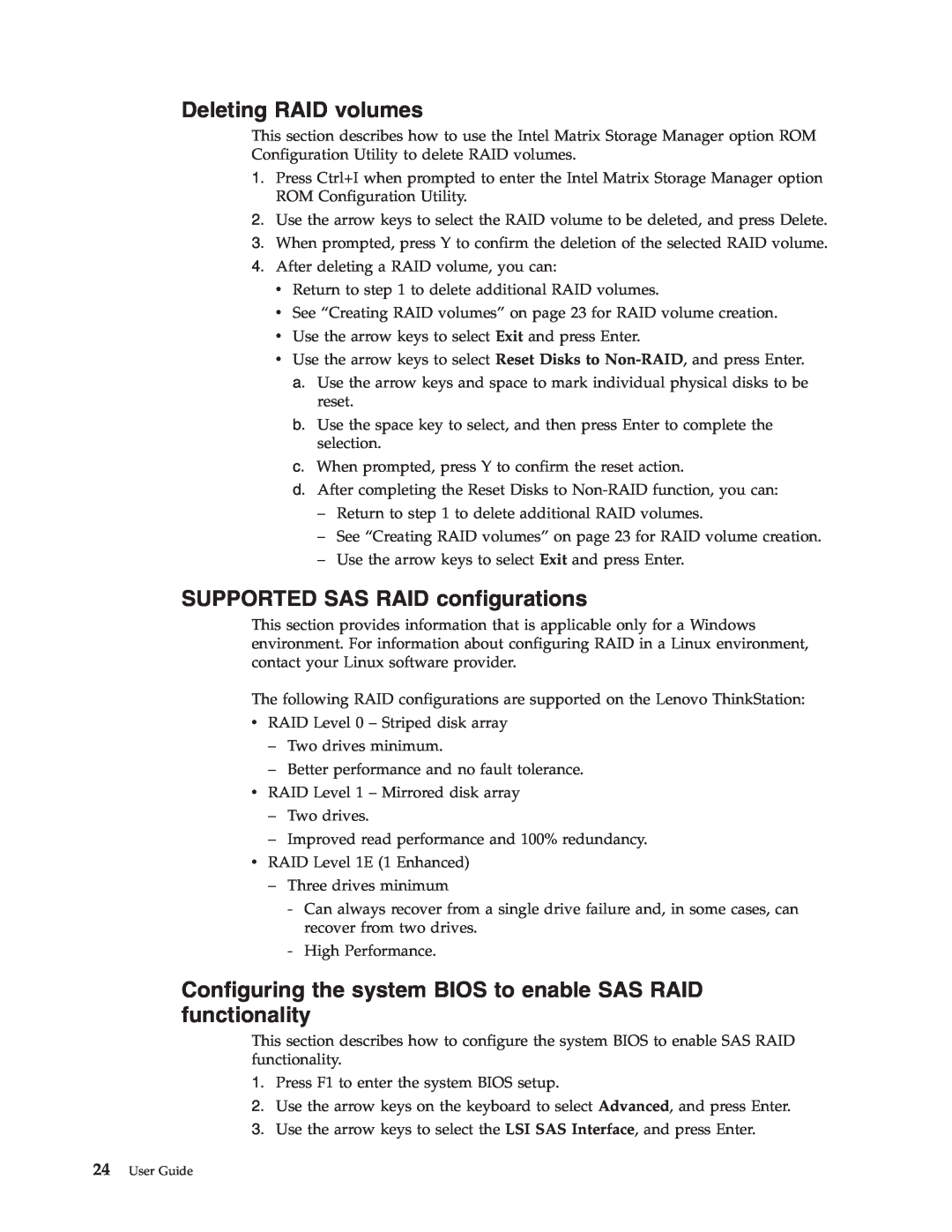 Lenovo 6449, 6493, 6483, 6439, 6427, 6423 manual Deleting RAID volumes, SUPPORTED SAS RAID configurations 