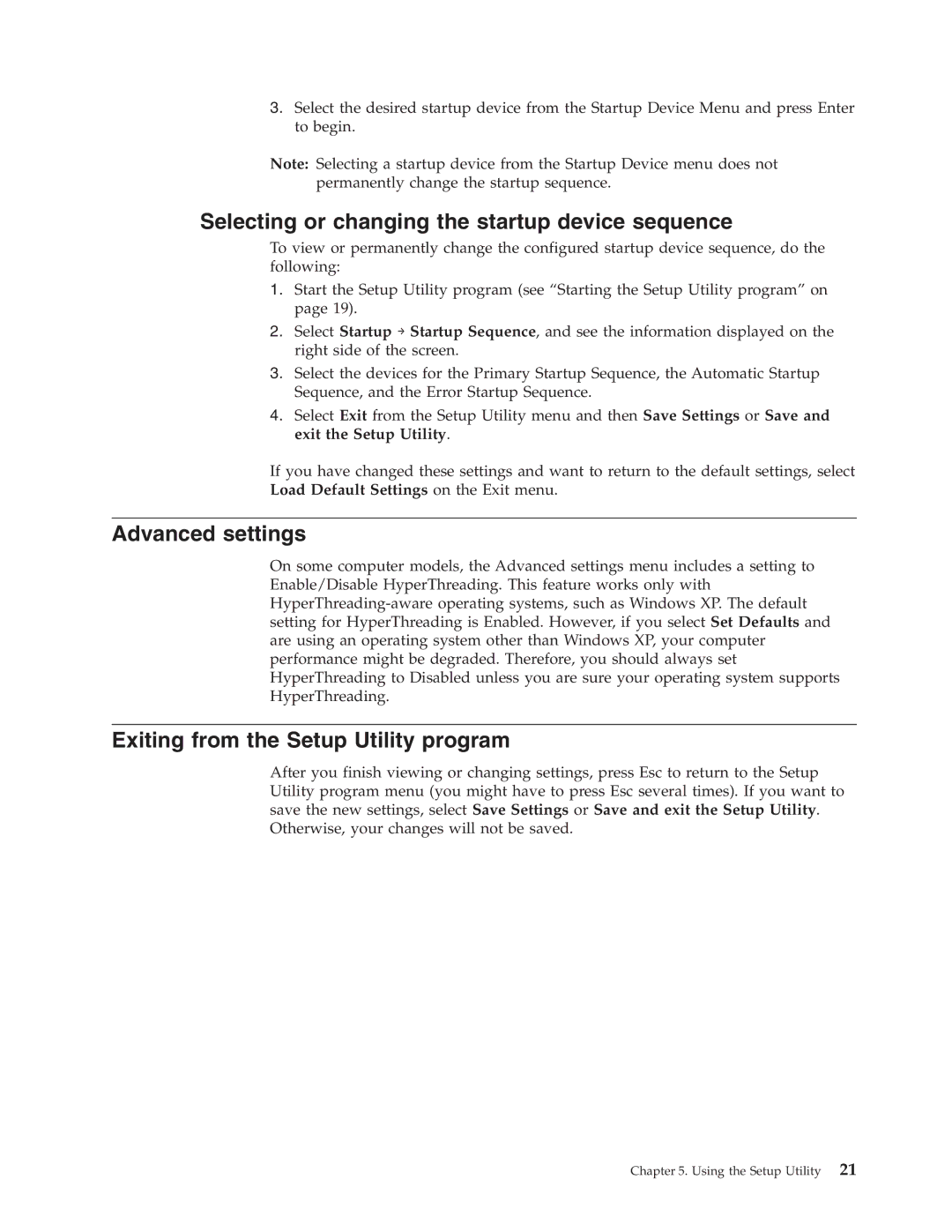 Lenovo 6423 Selecting or changing the startup device sequence, Advanced settings, Exiting from the Setup Utility program 