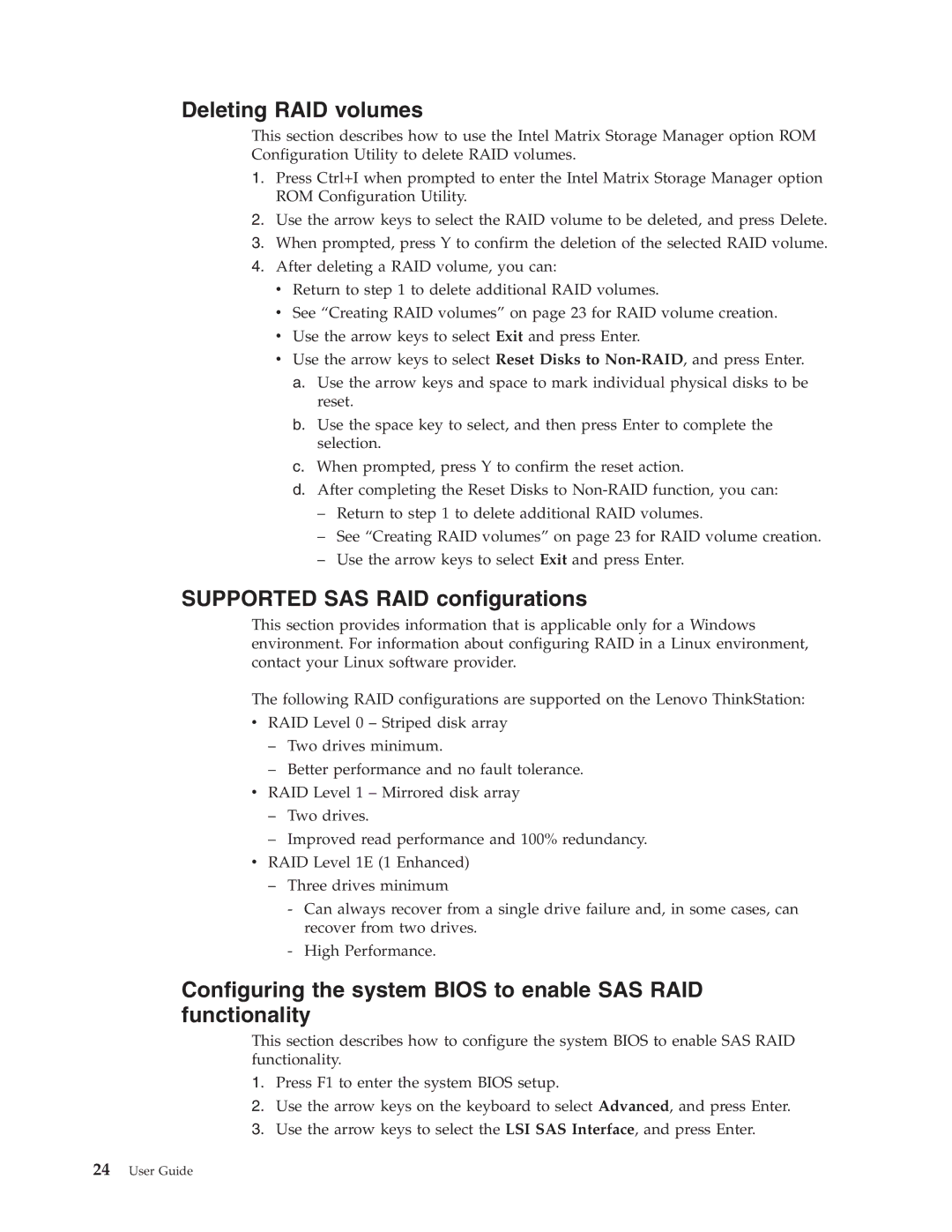 Lenovo 6449, 6493, 6483, 6439, 6427, 6423 manual Deleting RAID volumes, Supported SAS RAID configurations 