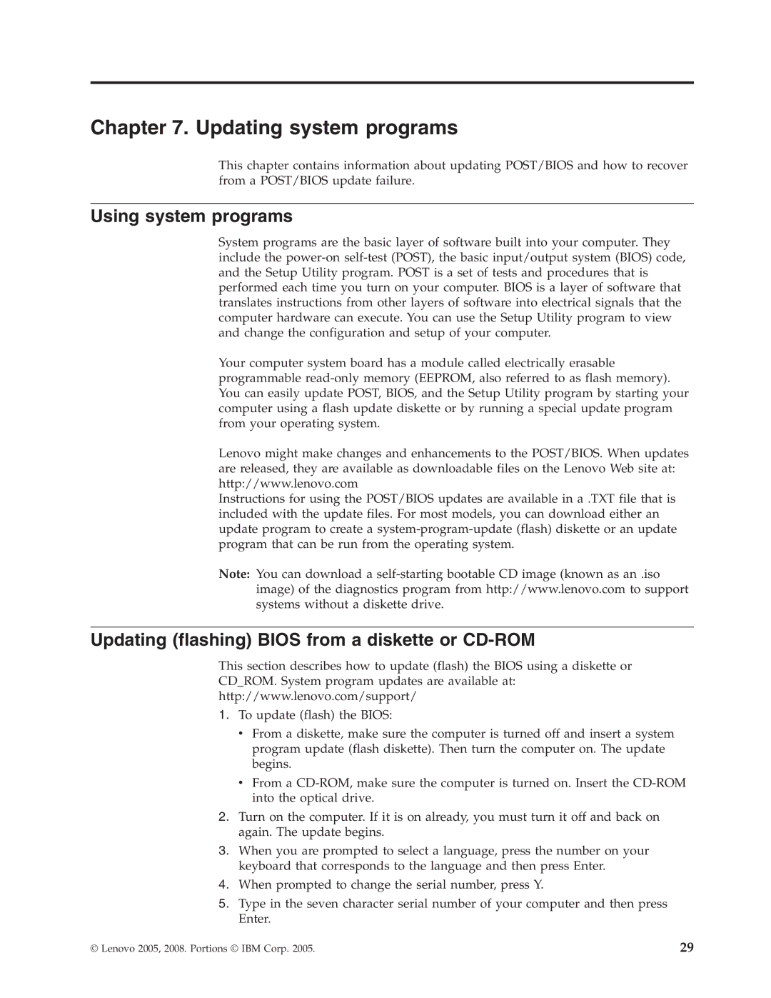 Lenovo 6483, 6493, 6449 Updating system programs, Using system programs, Updating flashing Bios from a diskette or CD-ROM 