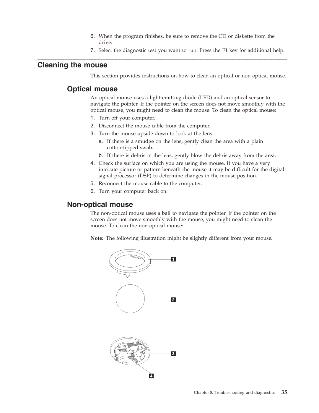 Lenovo 6483, 6493, 6449, 6439, 6427, 6423 manual Cleaning the mouse, Optical mouse, Non-optical mouse 