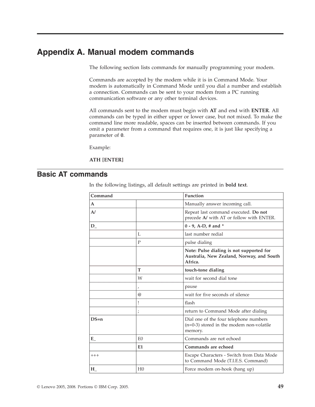 Lenovo 6439, 6493, 6483, 6449, 6427, 6423 manual Appendix A. Manual modem commands, Basic AT commands 