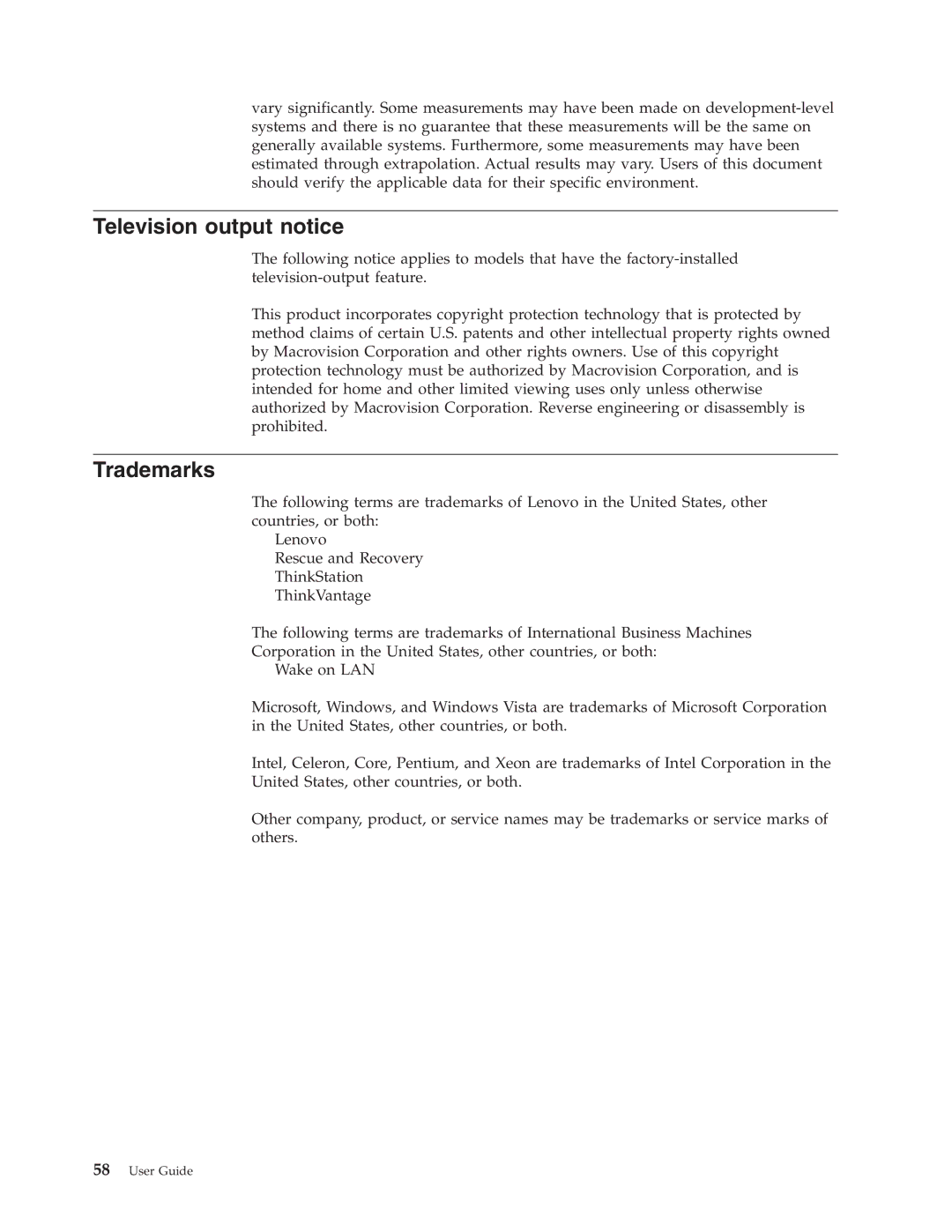 Lenovo 6493, 6483, 6449, 6439, 6427, 6423 manual Television output notice, Trademarks 