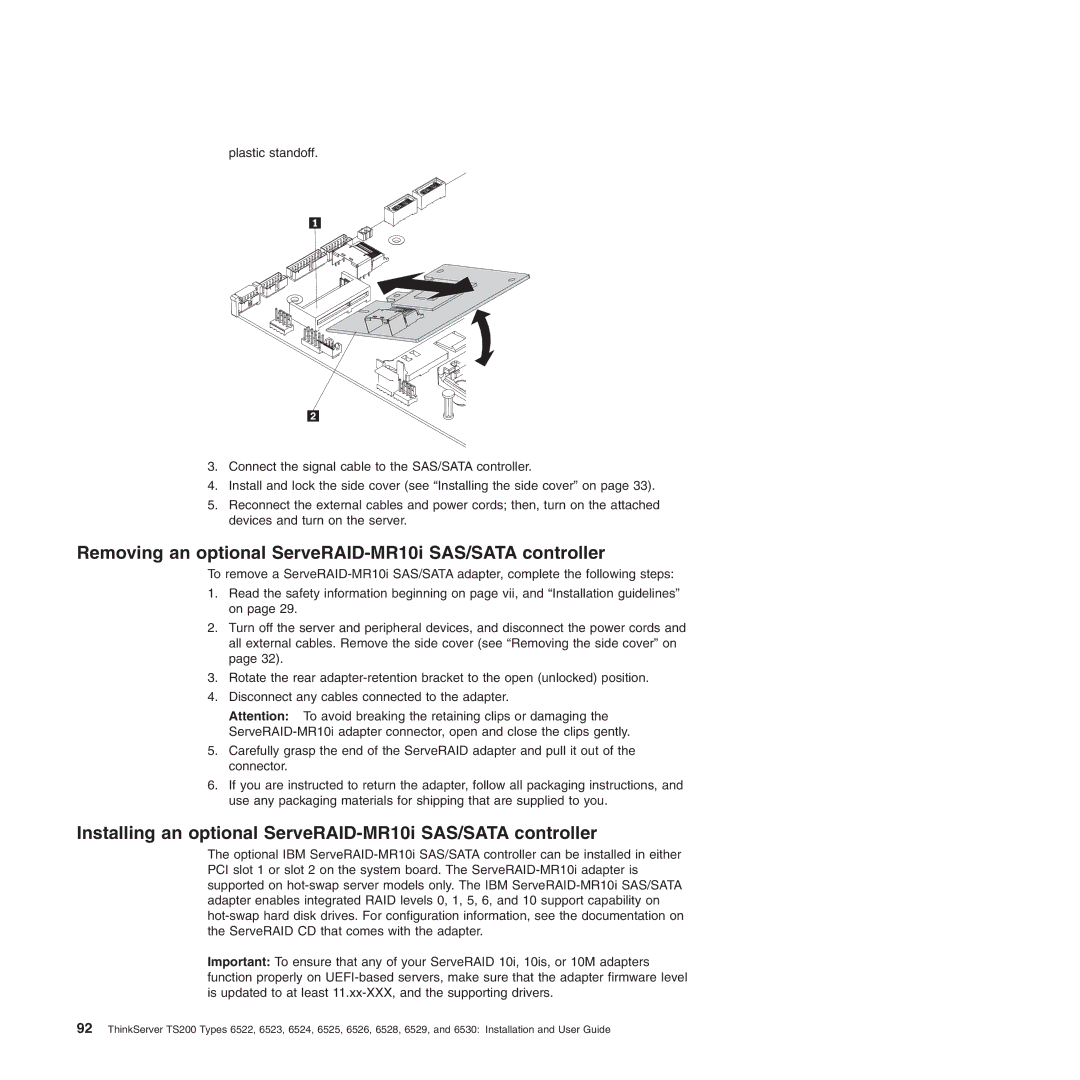 Lenovo 6522, 6523, 6524, 6530, 6525, 6526, 6528, 6529 manual Removing an optional ServeRAID-MR10i SAS/SATA controller 