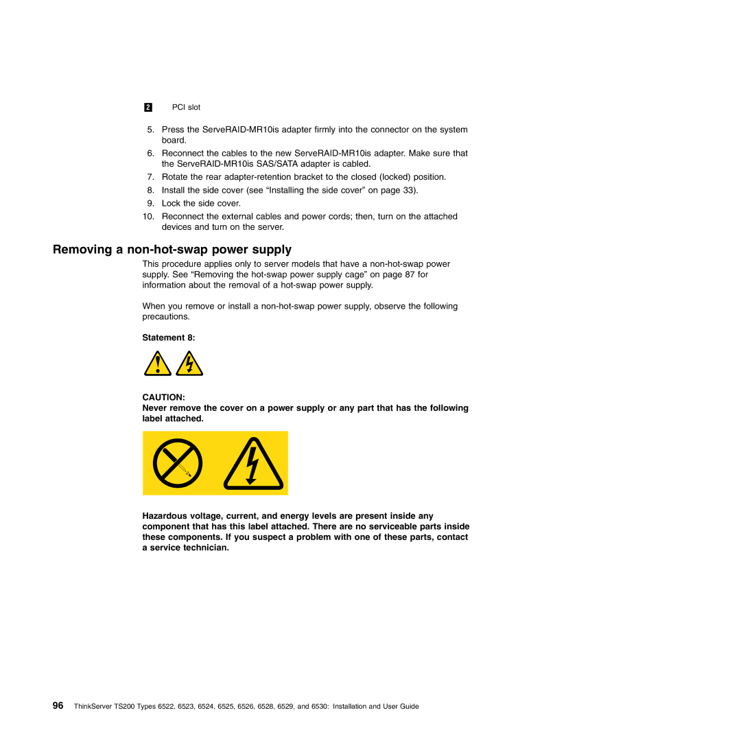 Lenovo 6523, 6524, 6530, 6525, 6522, 6526, 6528, 6529 manual Removing a non-hot-swap power supply 