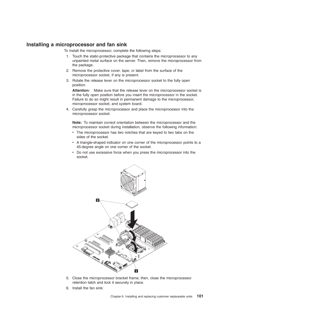 Lenovo 6526, 6523, 6524, 6530, 6525, 6522, 6528, 6529 manual Installing a microprocessor and fan sink 