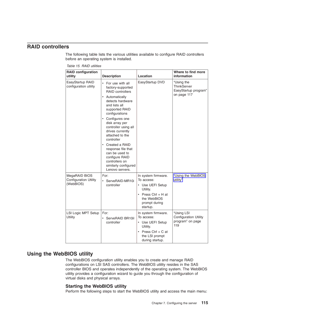 Lenovo 6525, 6523, 6524, 6530, 6522, 6526, 6528, 6529 manual RAID controllers, Using the WebBIOS utility 