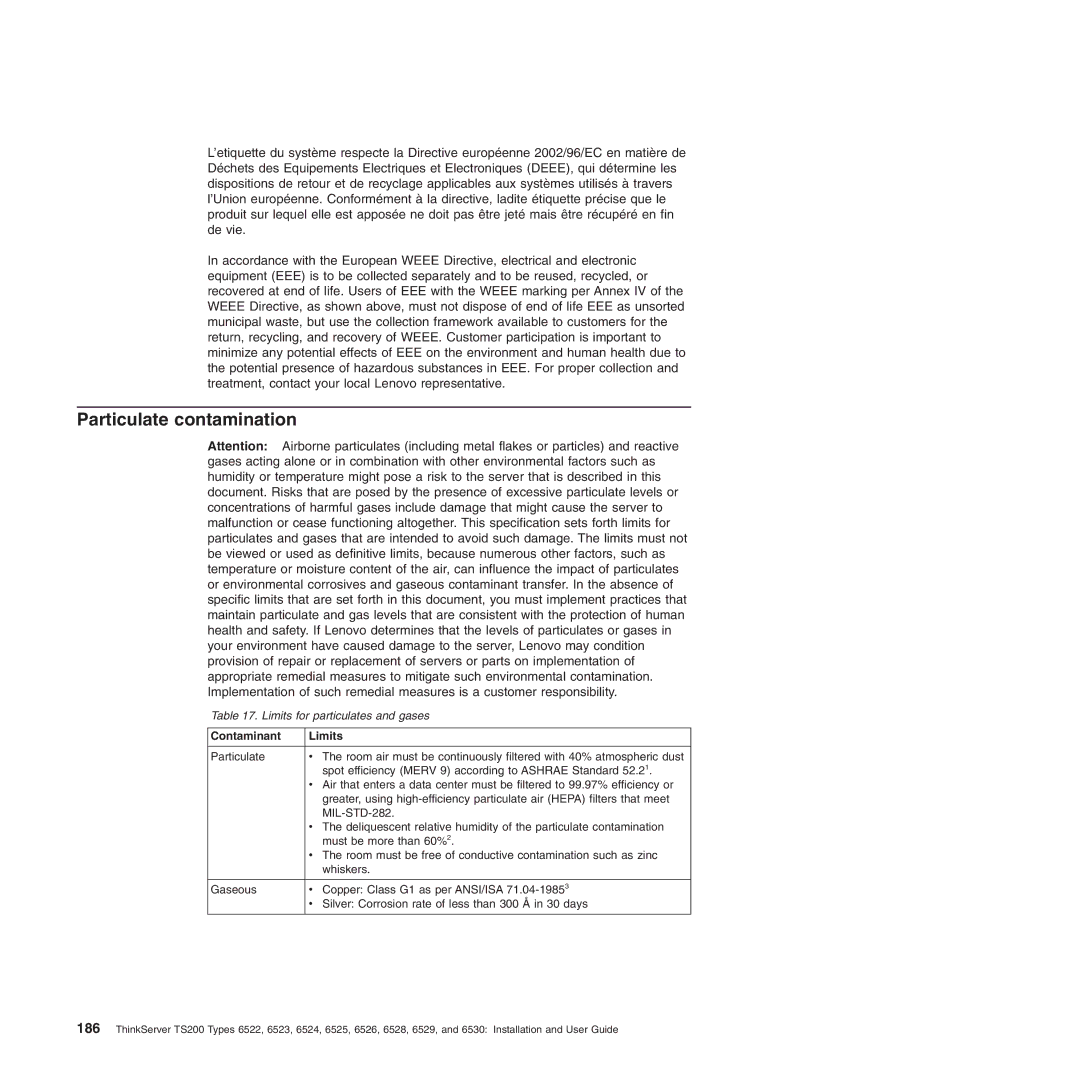 Lenovo 6530, 6523, 6524, 6525, 6522, 6526, 6528, 6529 manual Particulate contamination, Contaminant Limits 