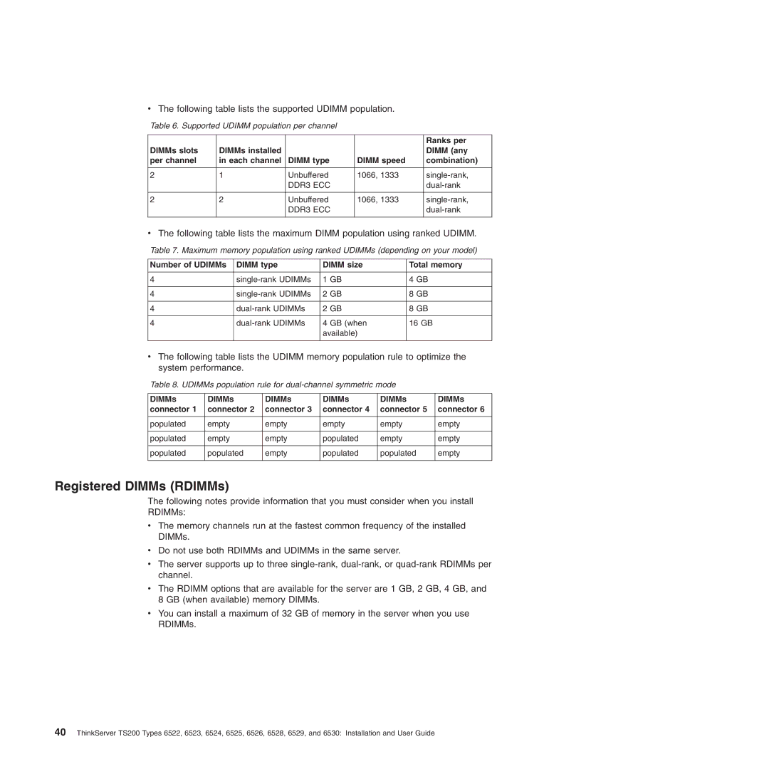 Lenovo 6523, 6524, 6530, 6525, 6522, 6526, 6528 Registered DIMMs RDIMMs, Following table lists the supported Udimm population 