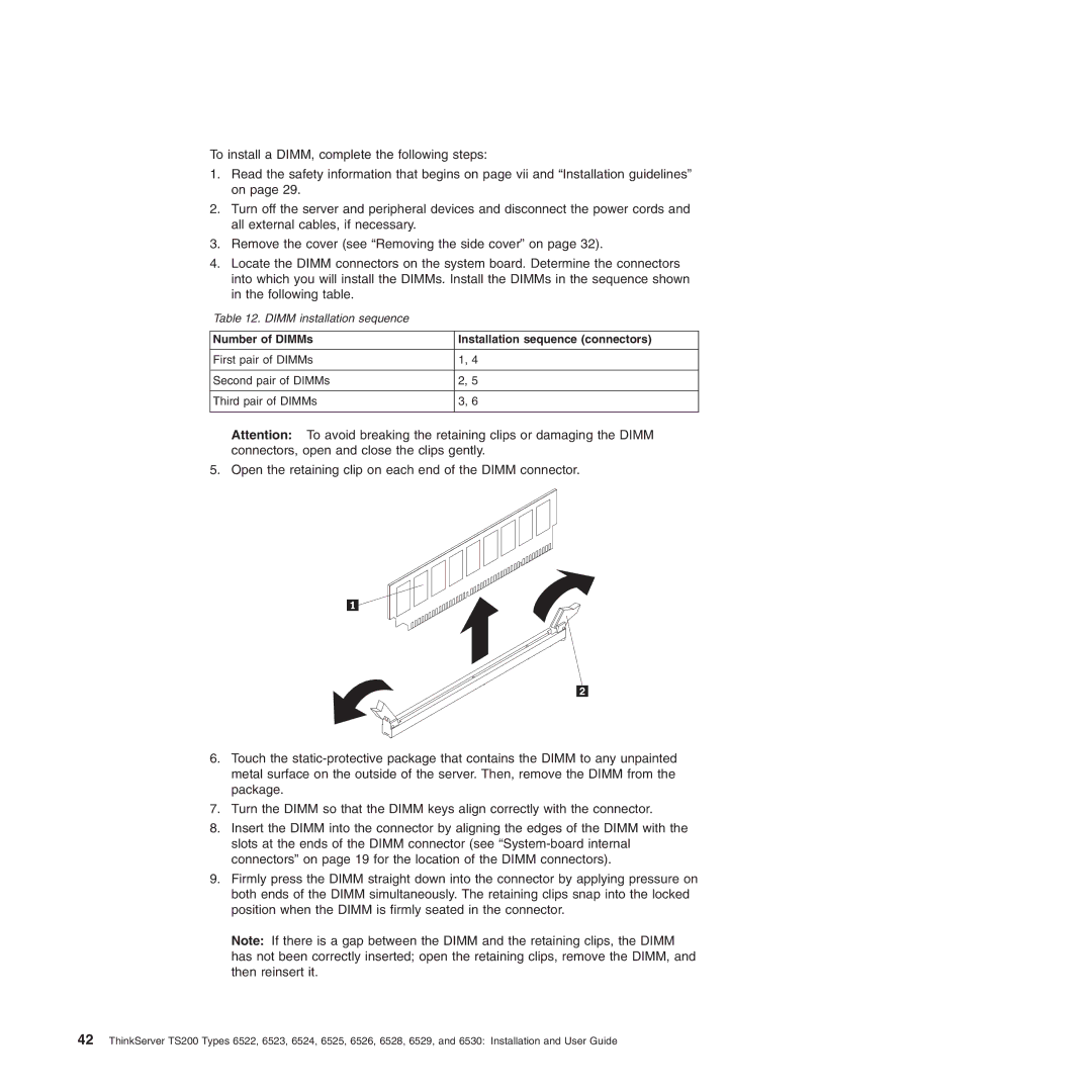 Lenovo 6530, 6523, 6524, 6525, 6522, 6526, 6528, 6529 manual Number of DIMMs Installation sequence connectors 