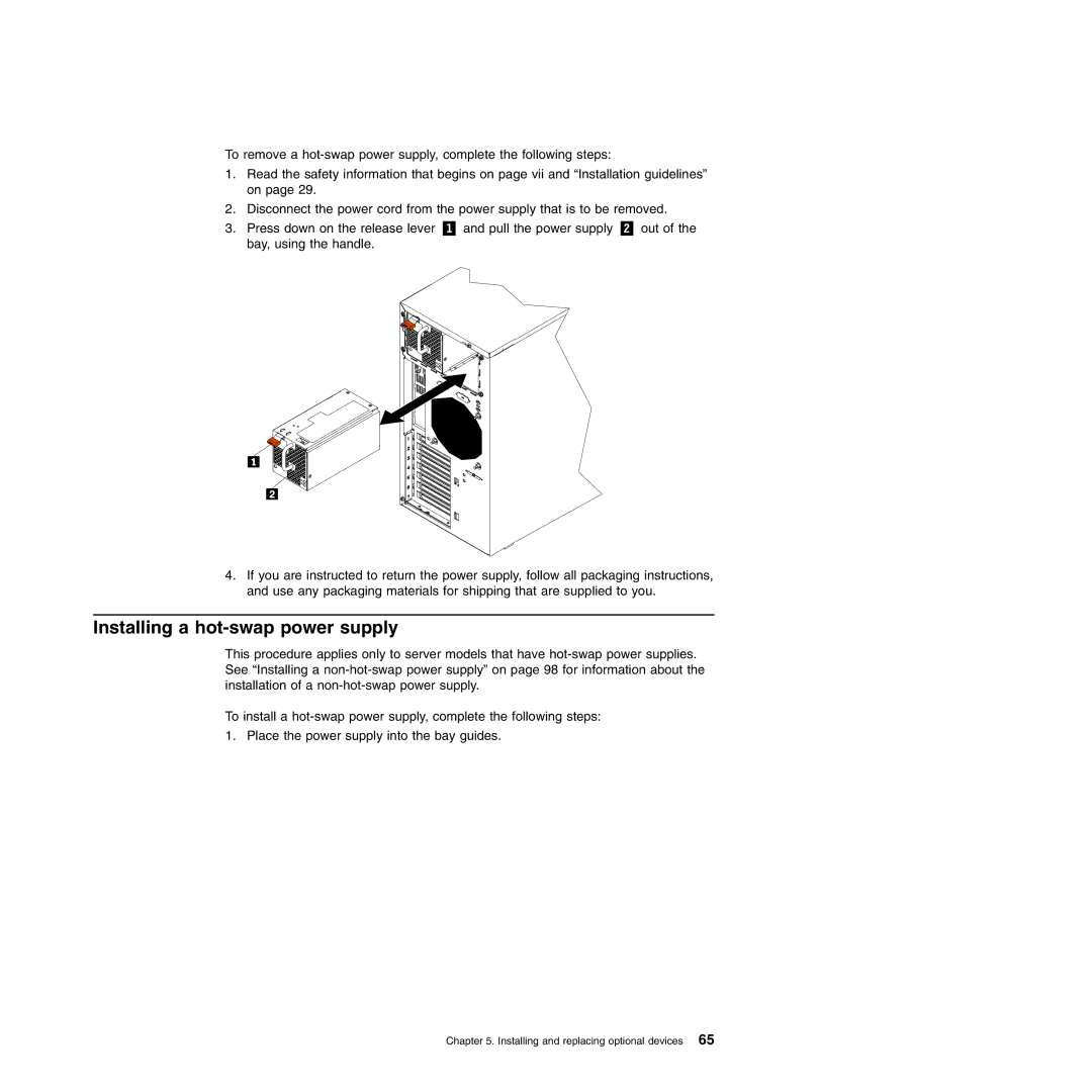 Lenovo 6524, 6523, 6530, 6525, 6522, 6526, 6528, 6529 manual Installing a hot-swap power supply 