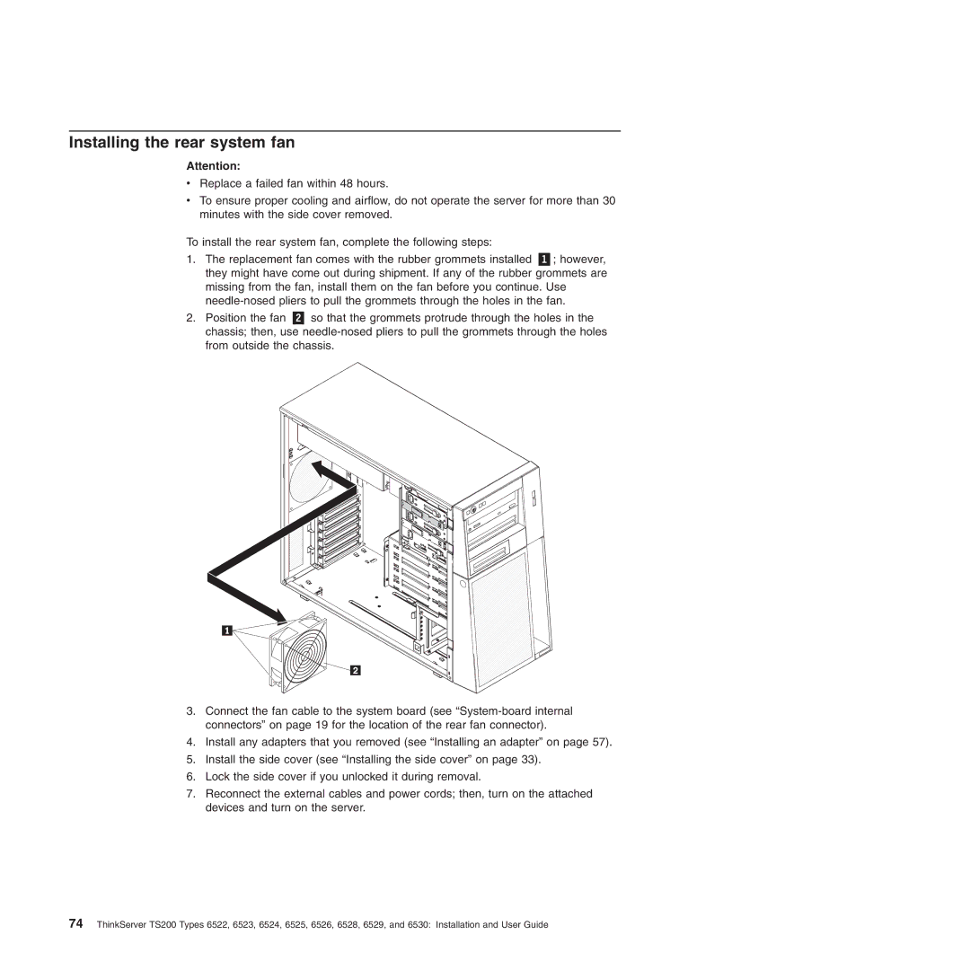 Lenovo 6530, 6523, 6524, 6525, 6522, 6526, 6528, 6529 manual Installing the rear system fan 