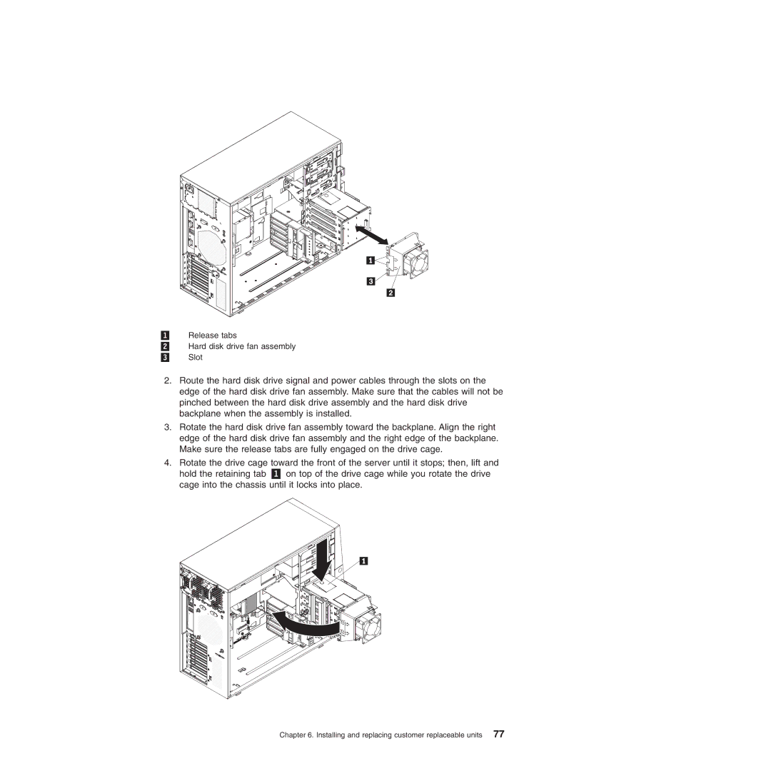 Lenovo 6526, 6523, 6524, 6530, 6525, 6522, 6528, 6529 manual 1 Release tabs 2 Hard disk drive fan assembly 