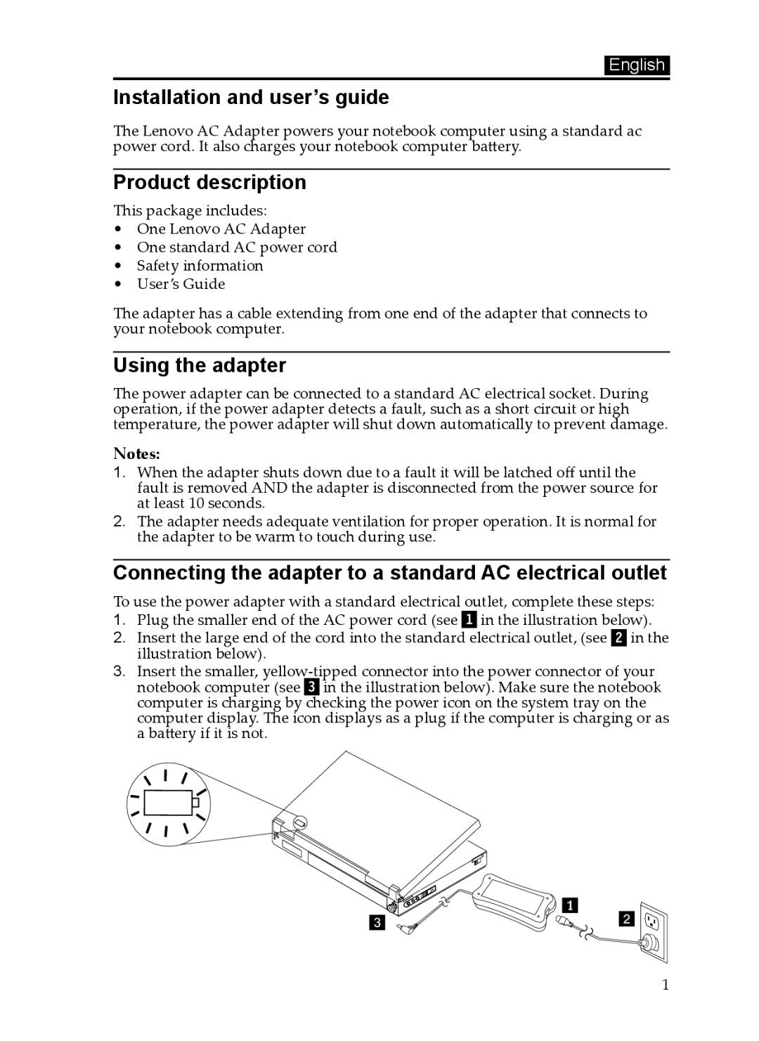 Lenovo 0C19868, 65W manual Installation and user’s guide, Product description, Using the adapter 