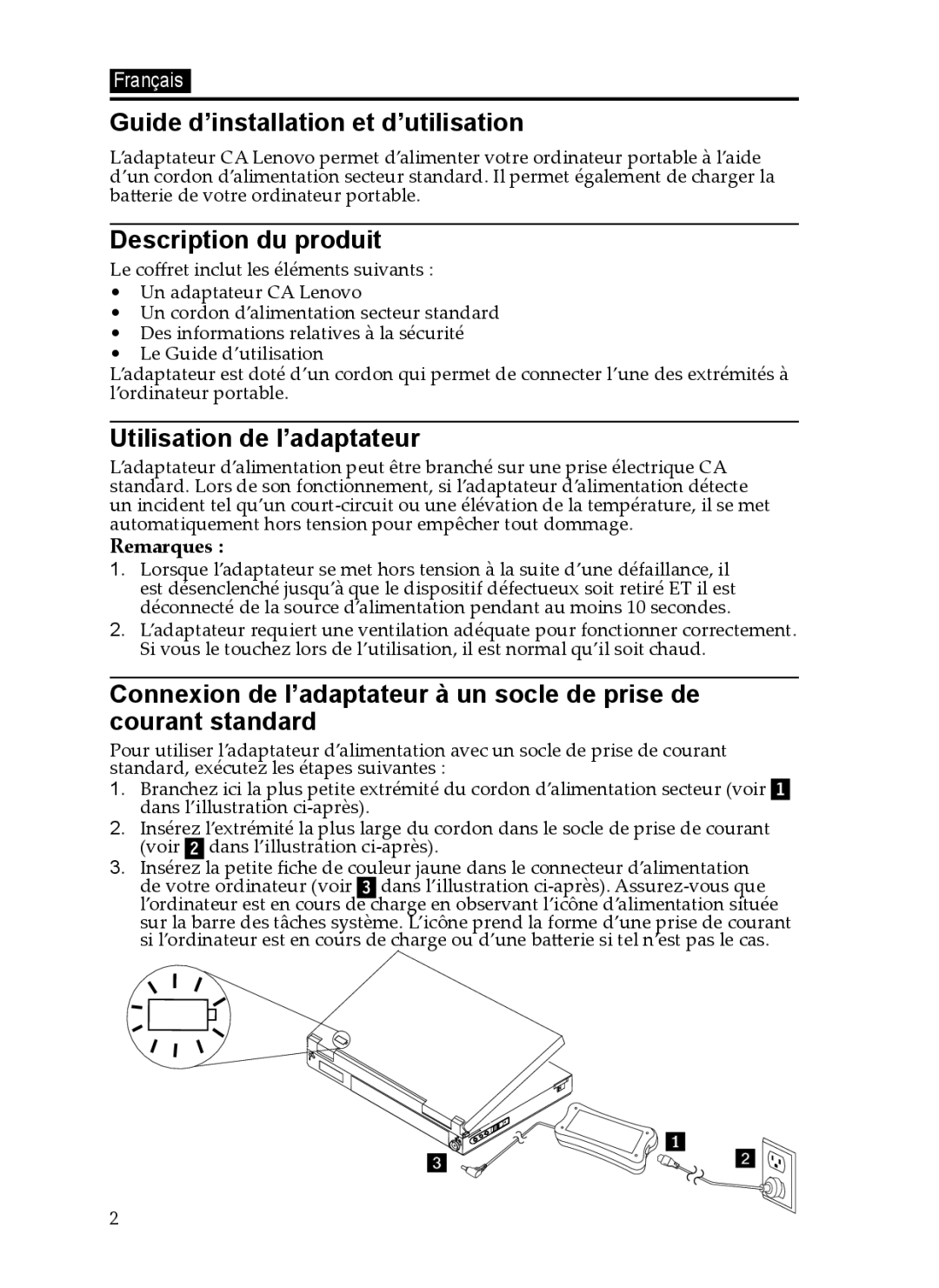 Lenovo 65W, 0C19868 Guide d’installation et d’utilisation, Description du produit, Utilisation de l’adaptateur, Remarques 