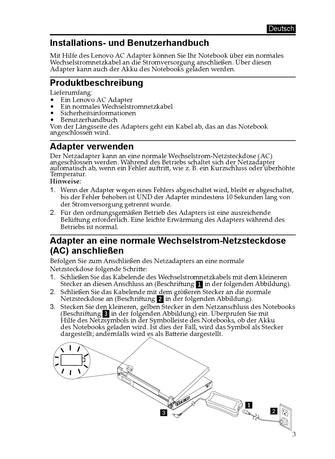 Lenovo 0C19868, 65W manual Installations- und Benutzerhandbuch, Produktbeschreibung, Adapter verwenden, Hinweise 