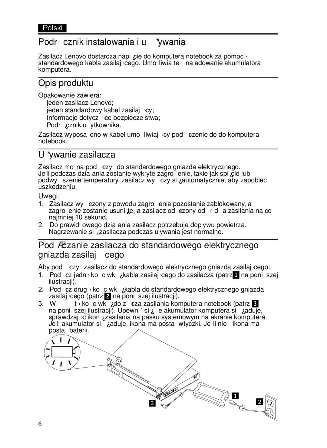 Lenovo 65W, 0C19868 manual PodrĊcznik instalowania i uĪywania, Opis produktu, UĪywanie zasilacza, Uwagi 