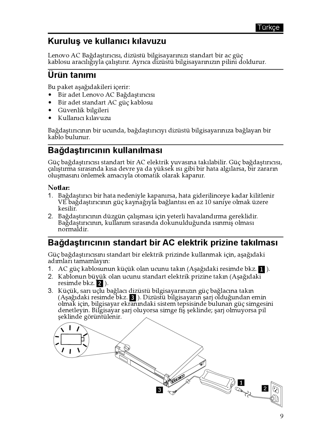 Lenovo 0C19868, 65W manual Kuruluú ve kullanıcı kılavuzu, Ürün tanımı, Ba÷daútırıcının kullanılması, Notlar 