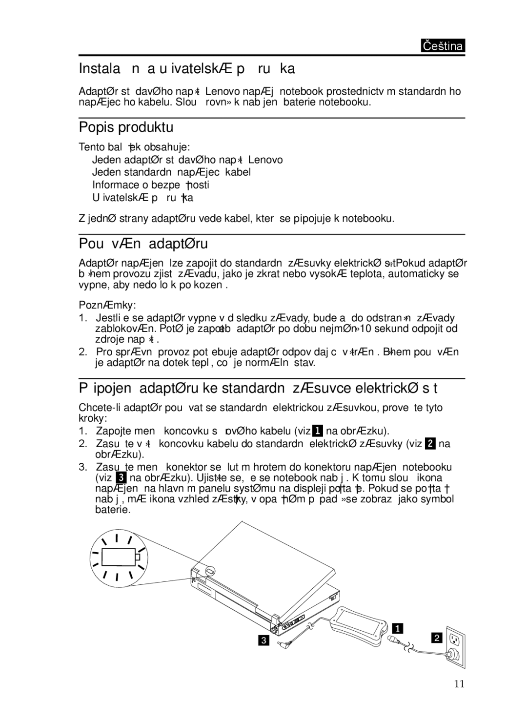 Lenovo 0C19868, 65W manual Instalaþní a uživatelská pĜíruþka, Popis produktu, Používání adaptéru, Poznámky 