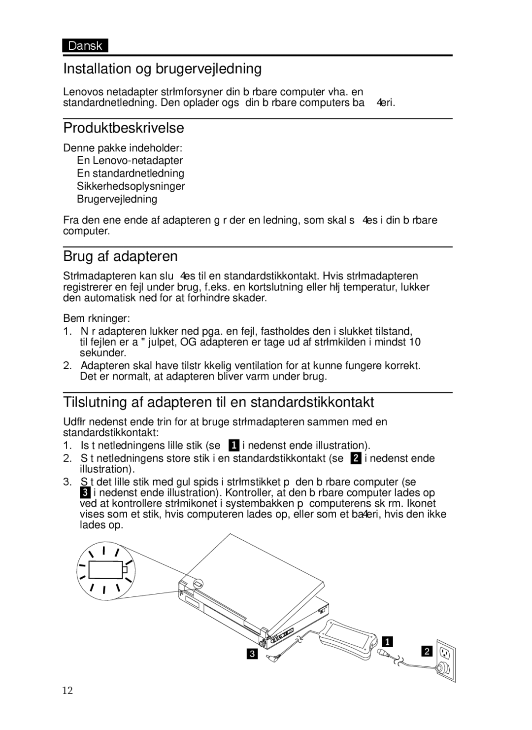 Lenovo 65W, 0C19868 manual Installation og brugervejledning, Produktbeskrivelse, Brug af adapteren, Bemærkninger 