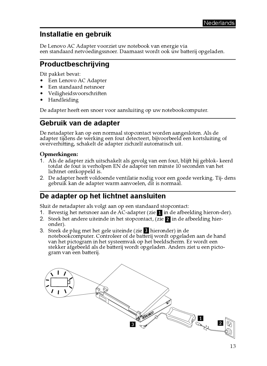 Lenovo 0C19868 Installatie en gebruik, Productbeschrijving, Gebruik van de adapter, De adapter op het lichtnet aansluiten 