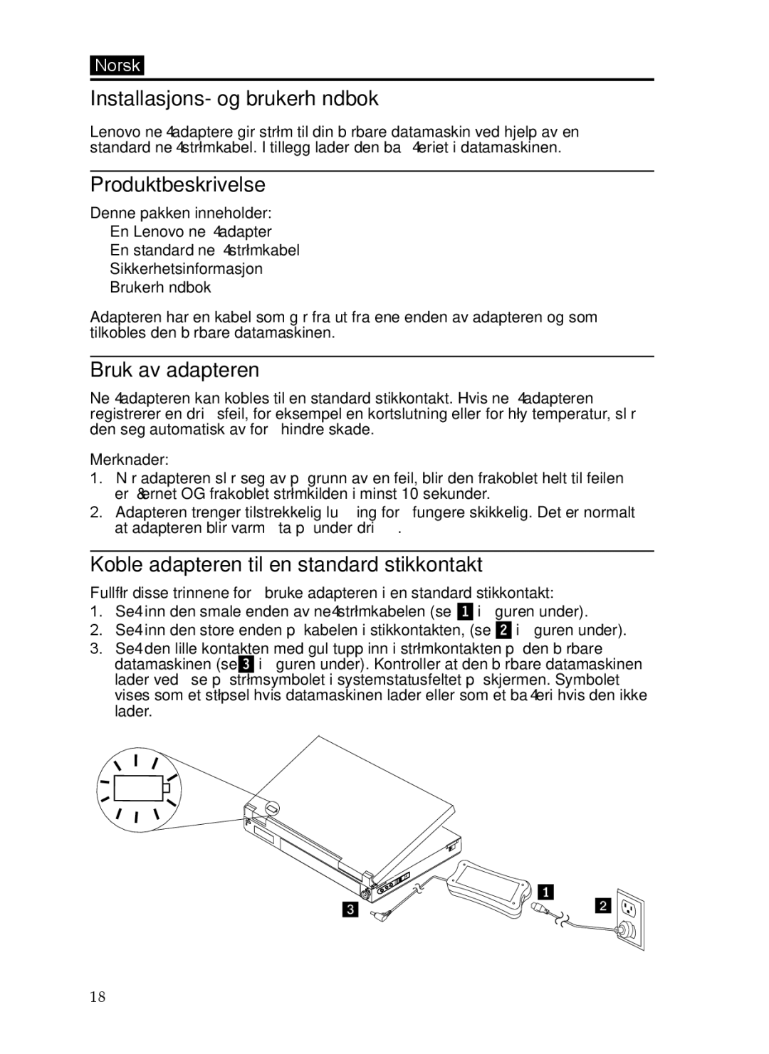 Lenovo 65W Installasjons- og brukerhåndbok, Bruk av adapteren, Koble adapteren til en standard stikkontakt, Merknader 