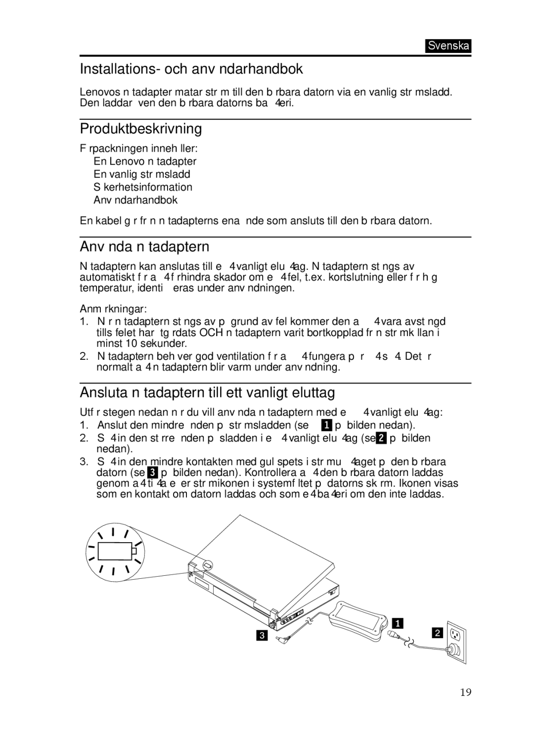 Lenovo 0C19868, 65W manual Installations- och användarhandbok, Produktbeskrivning, Använda nätadaptern, Anmärkningar 