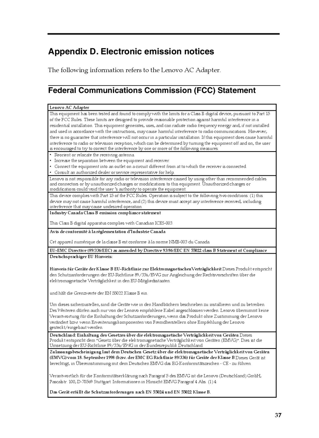 Lenovo 0C19868, 65W manual Appendix D. Electronic emission notices, Federal Communications Commission FCC Statement 