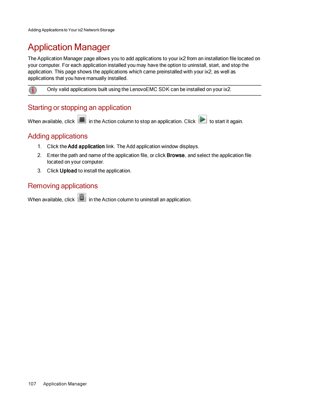 Lenovo 70A69003NA Application Manager, Starting or stopping an application, Adding applications, Removing applications 