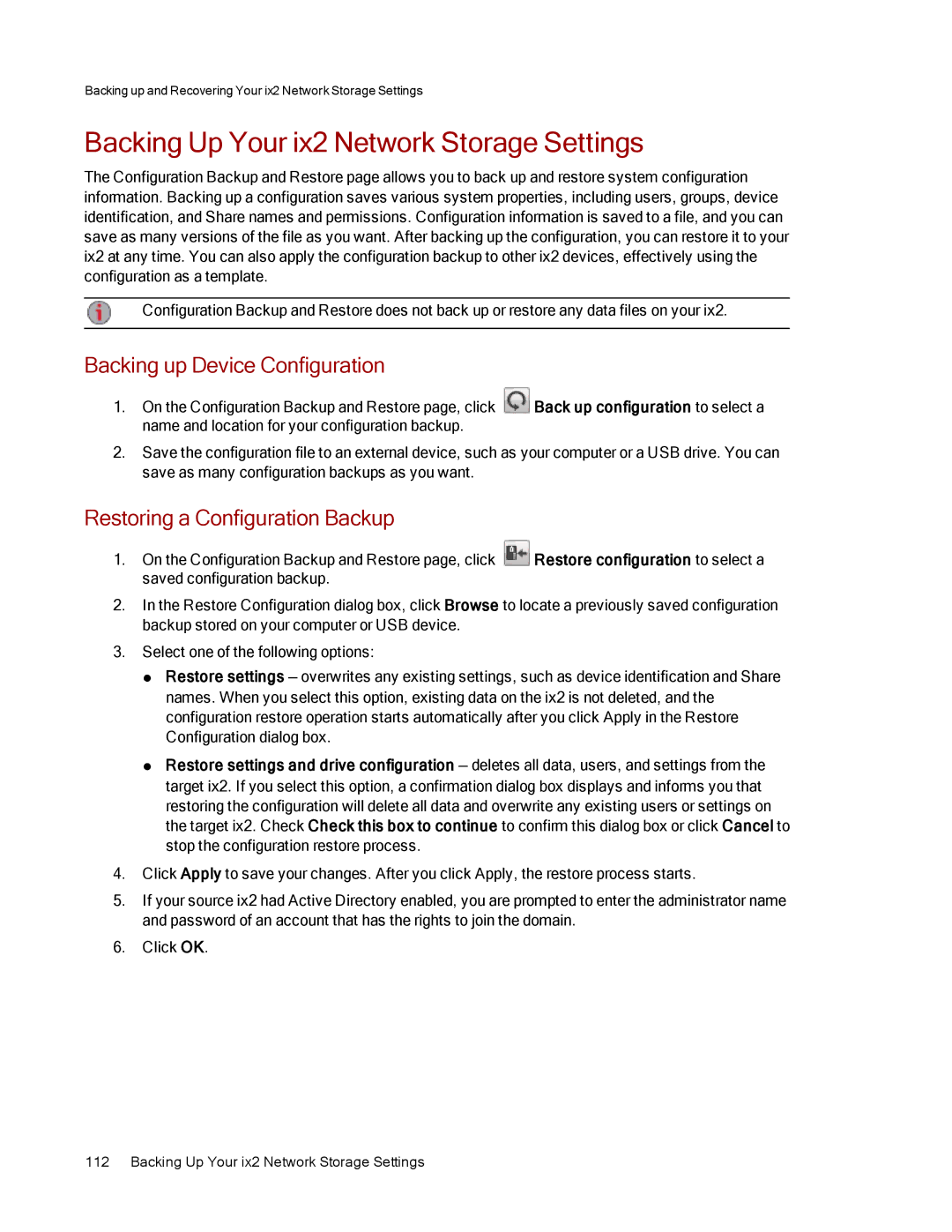 Lenovo 70A69000NA, 70A69003NA, 70A69001NA Backing Up Your ix2 Network Storage Settings, Backing up Device Configuration 