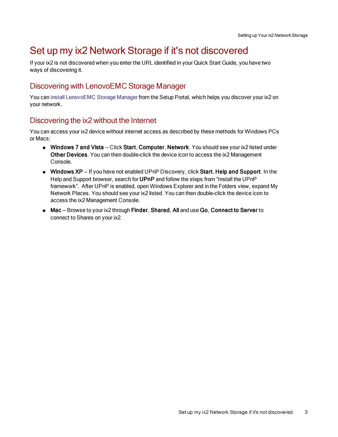 Lenovo 70A69001NA manual Set up my ix2 Network Storage if its not discovered, Discovering with LenovoEMC Storage Manager 