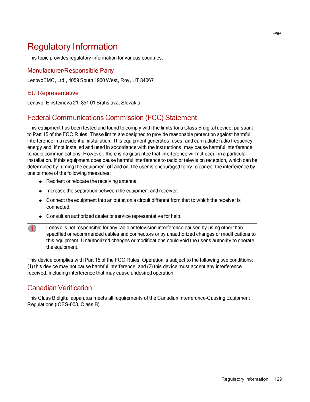 Lenovo 70A69001NA manual Regulatory Information, Federal Communications Commission FCC Statement, Canadian Verification 