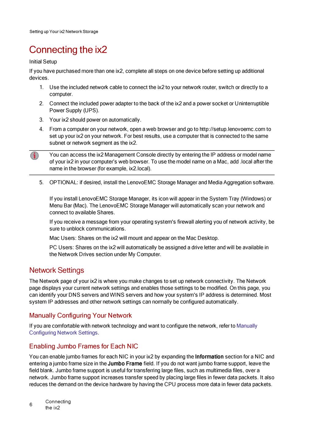 Lenovo 70A69001NA Connecting, Network Settings, Manually Configuring Your Network, Enabling Jumbo Frames for Each NIC 