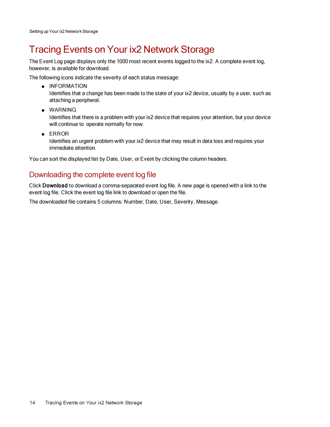 Lenovo 70A69003NA, 70A69001NA manual Tracing Events on Your ix2 Network Storage, Downloading the complete event log file 