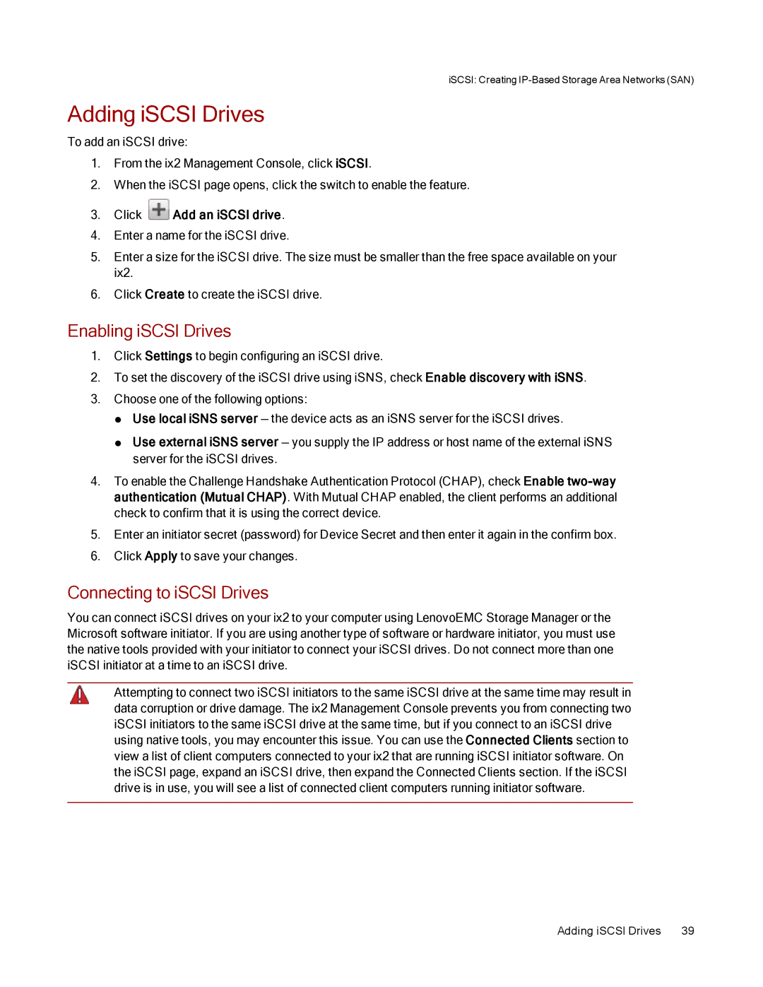 Lenovo 70A69001NA, 70A69003NA, 70A69000NA manual Adding iSCSI Drives, Enabling iSCSI Drives, Connecting to iSCSI Drives 