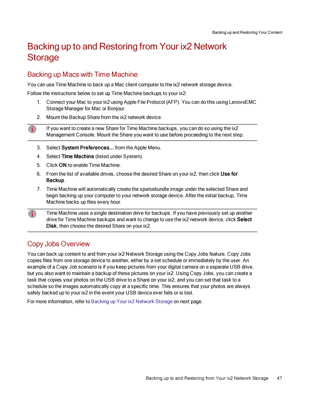 Lenovo 70A69003NA, 70A69001NA Backing up to and Restoring from Your ix2 Network Storage, Backing up Macs with Time Machine 