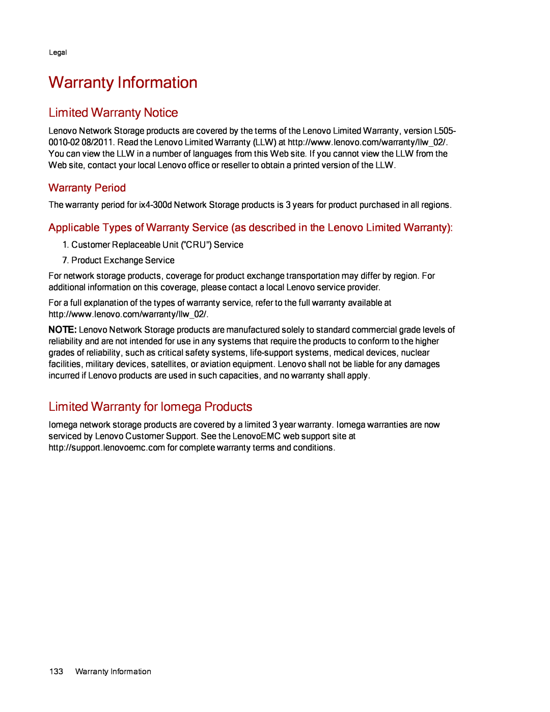 Lenovo 70B89000NA Warranty Information, Limited Warranty Notice, Limited Warranty for Iomega Products, Warranty Period 