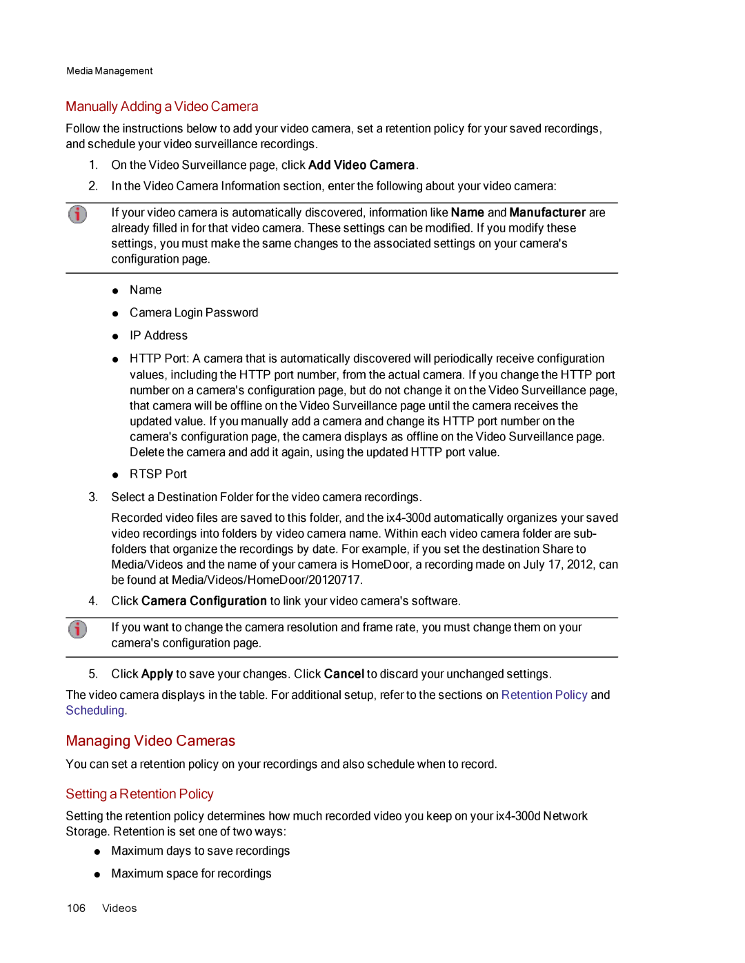 Lenovo 70B89000NA, 70B89003NA manual Managing Video Cameras, Manually Adding a Video Camera, Setting a Retention Policy 