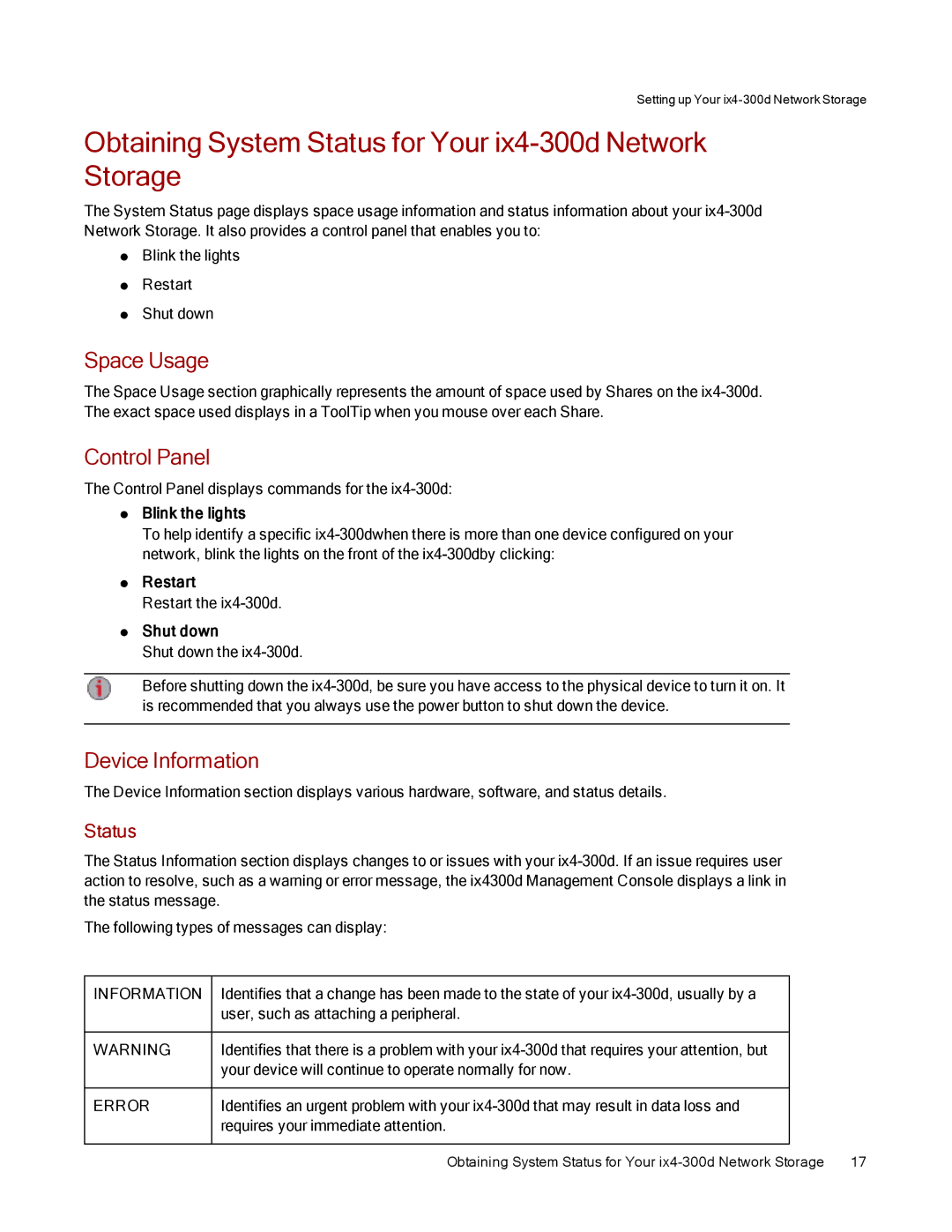 Lenovo 70B89003NA, 70B89001NA manual Obtaining System Status for Your ix4-300d Network Storage, Space Usage, Control Panel 